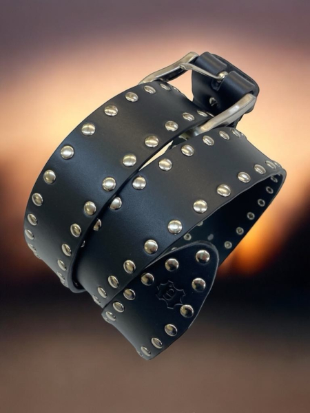 Quality black leather belt round studs 4cm 