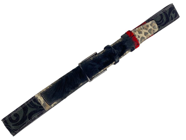 Woman leather Belt Black Patchwork Fur Unique 