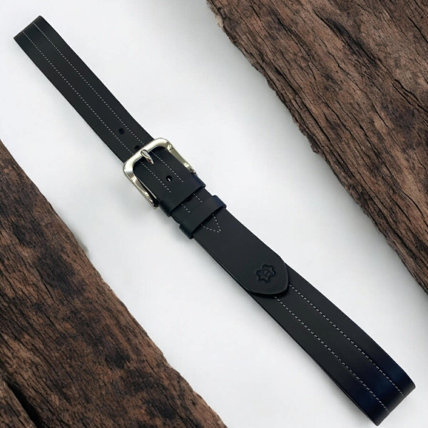 Black leather belt Cowhide with white stitching 4 cm