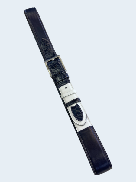 Men's leather belt Blue white croco Nickel 4 cm