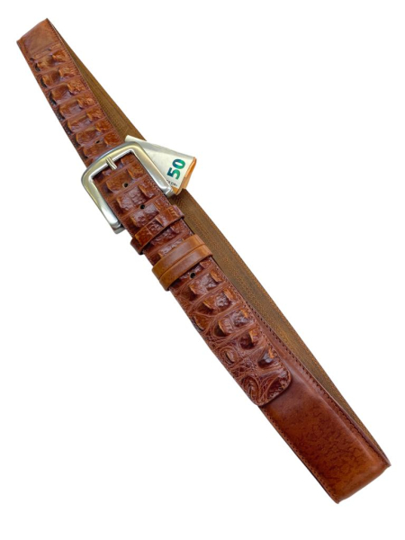 Leather men's belt brown Croc hidden pocket 4,3 cm