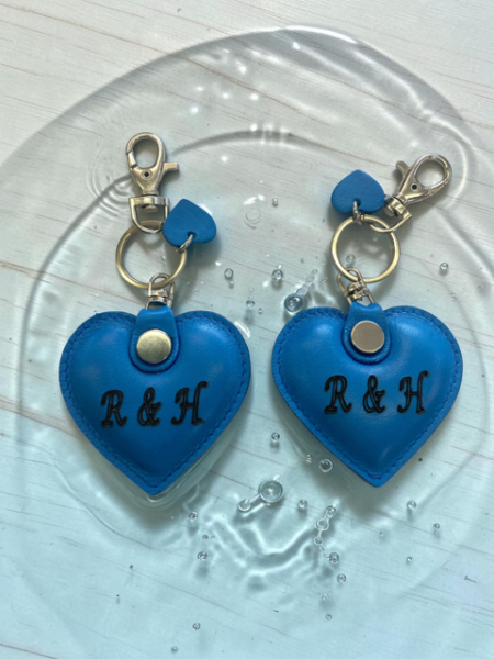Leather key ring Blue with inscription