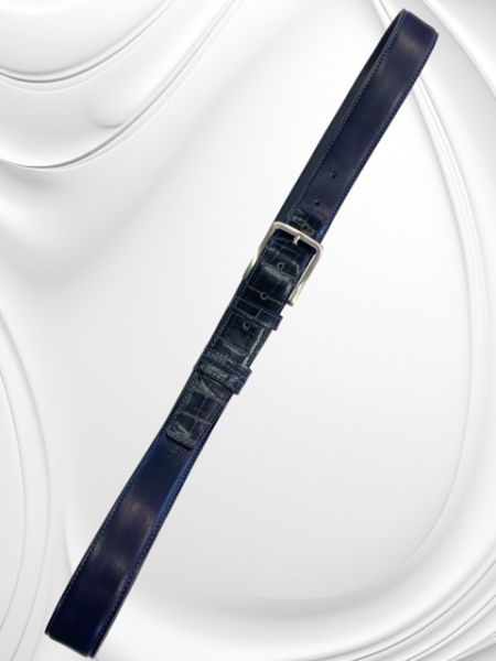 Men's leather belt Blue croco Nickel satin 3,5 cm